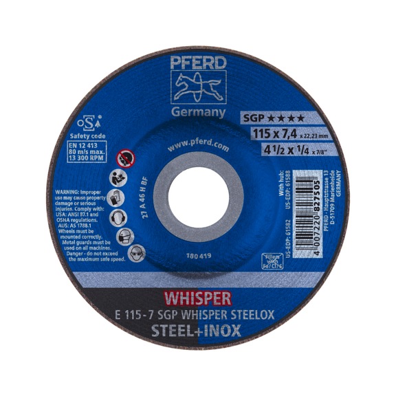PFERD grinding disc E 115x7.4x22.23 mm special line SGP STEELOX for steel - Rough grinding wheel