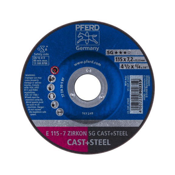 PFERD grinding disc E 115x7.2x22.23mm ZIRKON line SG CAST STEEL for cast steel - Rough grinding wheel