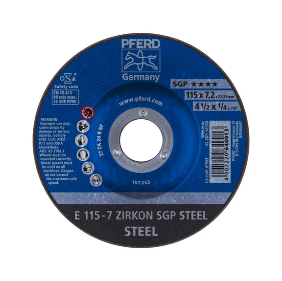 PFERD Schruppscheibe E 115x7,2x22,23 mm ZIRKON Speziallinie SGP STEEL für Stahl - Schruppschleifscheibe