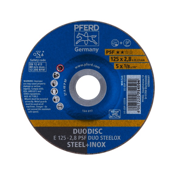 PFERD DUODISC cut-off wheels E 125x2.8x22.23 mm universal line PSF DUO STEELOX - Rough grinding wheel