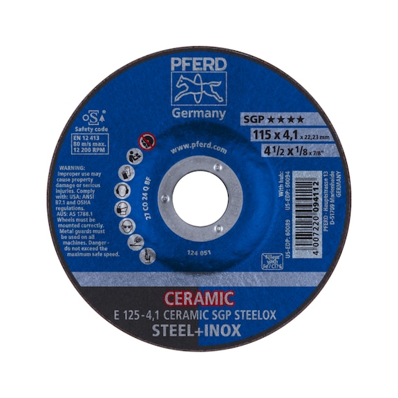 PFERD grinding disc E 125x4.1x22.23 mm CERAMIC performance line SG STEELOX steel - Rough grinding wheel