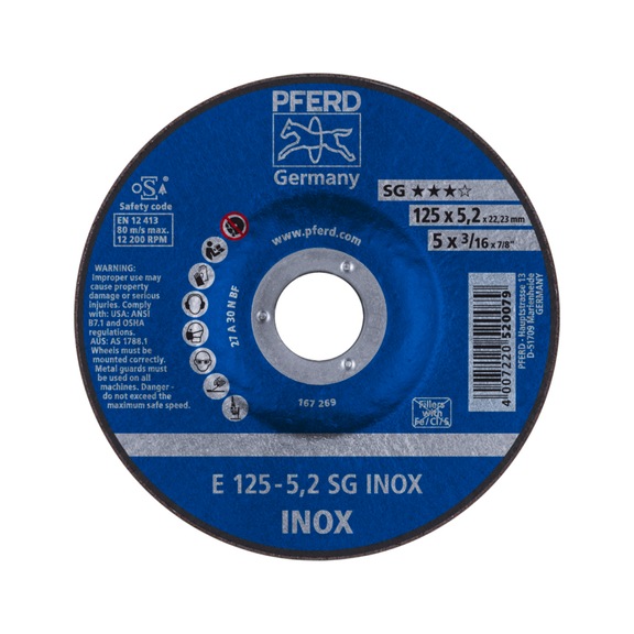 PFERD Schruppscheibe E 125x5,2x22,23 mm Leistungslinie SG INOX für Edelstahl - Schruppschleifscheibe