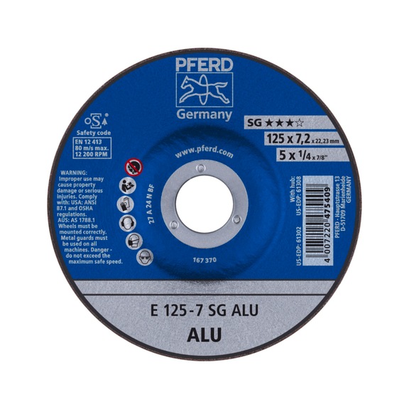 PFERD grinding disc E 125x7.2x22.23 mm performance line SG ALU for aluminum - Rough grinding wheel