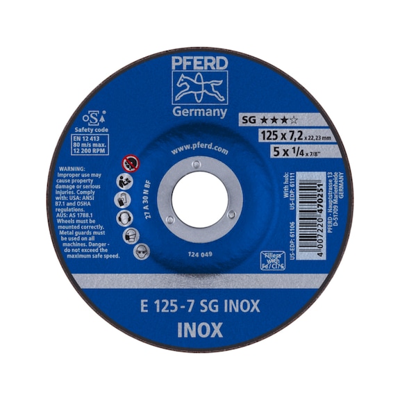 PFERD grinding disc E 125x7.2x22.23 mm performance line SG INOX for stainless steel - Rough grinding wheel
