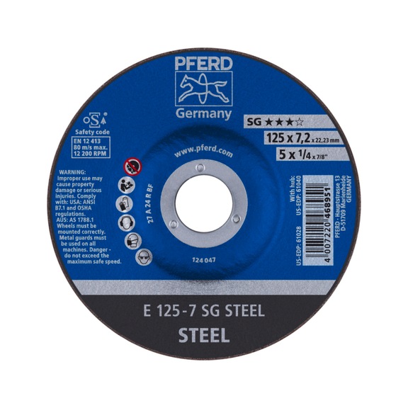 PFERD grinding disc E 125x7.2x22.23 mm performance line SG STEEL for steel - Rough grinding wheel