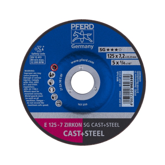 PFERD grinding disc E 125x7.2x22.23mm ZIRKON line SG CAST STEEL for cast steel - Rough grinding wheel