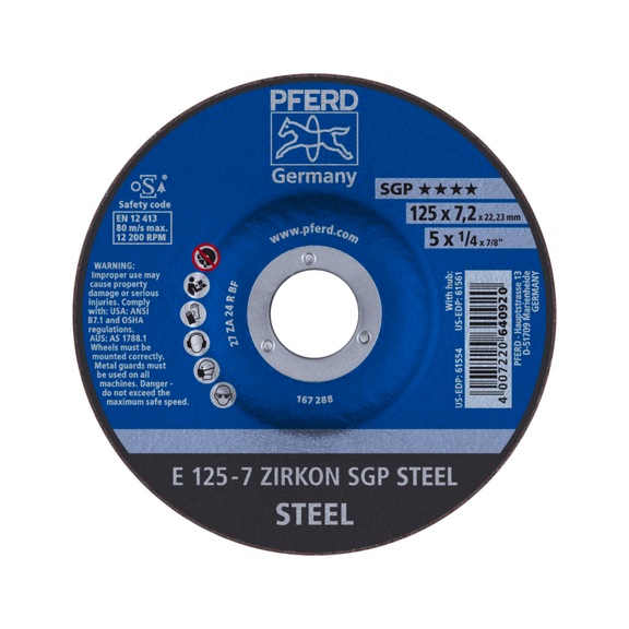 PFERD grinding disc E 125x7.2x22.23 mm ZIRKON special line SGP STEEL for steel - Rough grinding wheel