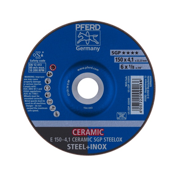 PFERD grinding disc E 150x4.1x22.23 mm CERAMIC performance line SG STEELOX steel - Rough grinding wheel
