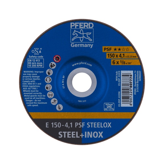 PFERD grinding disc E 150x4.1x22.23 mm universal line PSF STEELOX for steel - Rough grinding wheel