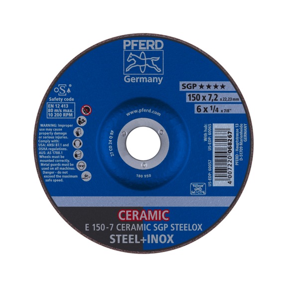 PFERD grinding disc E 150x7.2x22.23 mm CERAMIC performance line SG STEELOX steel - Rough grinding wheel