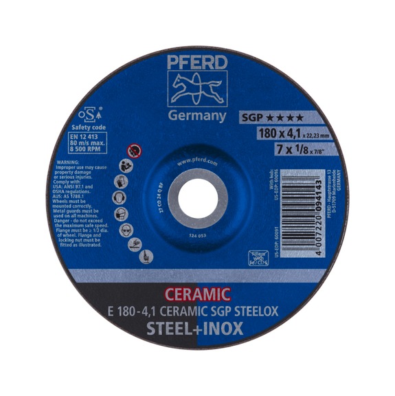 PFERD grinding disc E 180x4.1x22.23 mm CERAMIC performance line SG STEELOX steel - Rough grinding wheel