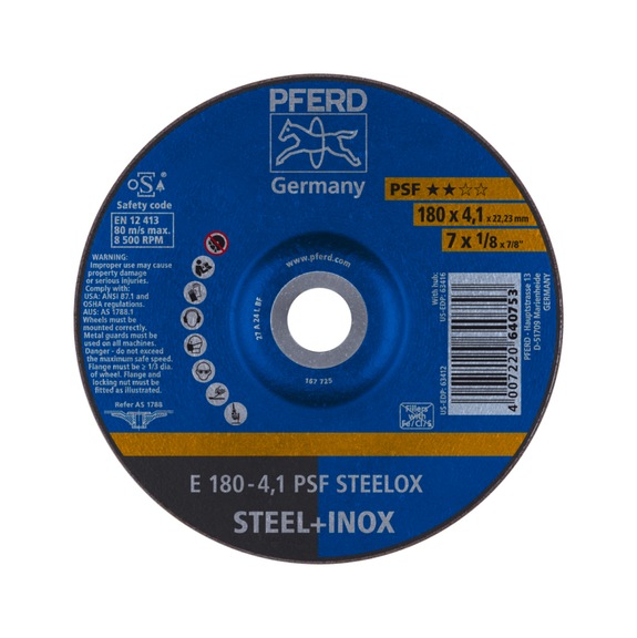 PFERD grinding disc E 180x4.1x22.23 mm universal line PSF STEELOX for steel - Rough grinding wheel
