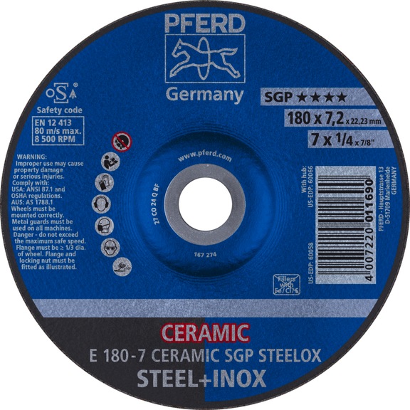 PFERD grinding disc E 180x7.2x22.23 mm CERAMIC performance line SG STEELOX steel - Rough grinding wheel