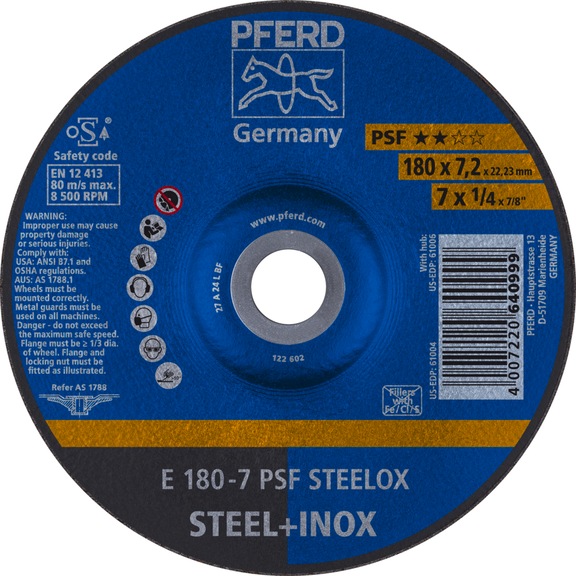 PFERD grinding disc E 180x7.2x22.23 mm universal line PSF STEELOX for steel - Rough grinding wheel