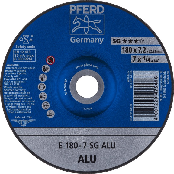 PFERD grinding disc E 180x7.2x22.23 mm performance line SG ALU for aluminum - Rough grinding wheel