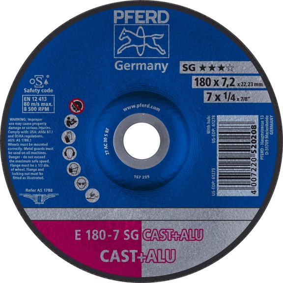 PFERD grinding disc E 180x7.2x22.23 mm performance line SG CAST ALU for cast iron/aluminum - Rough grinding wheel