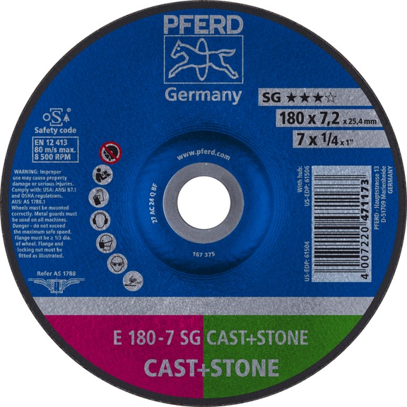 PFERD grinding disc E 180x7.2x22.23 mm performance line SG CAST STONE for cast iron - Rough grinding wheel