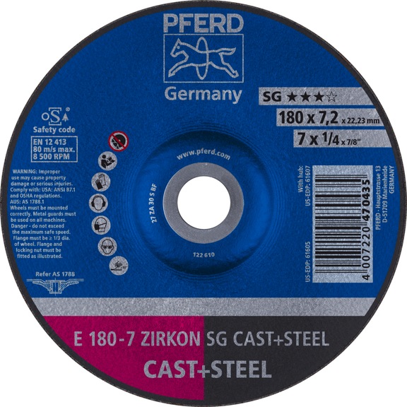 PFERD grinding disc E 180x7.2x22.23mm ZIRKON line SG CAST STEEL for cast steel - Rough grinding wheel