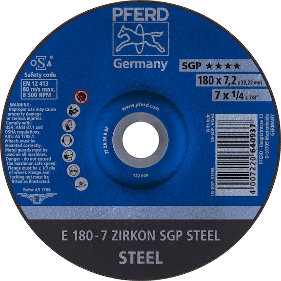 PFERD grinding disc E 180x7.2x22.23 mm ZIRKON special line SGP STEEL for steel - Rough grinding wheel