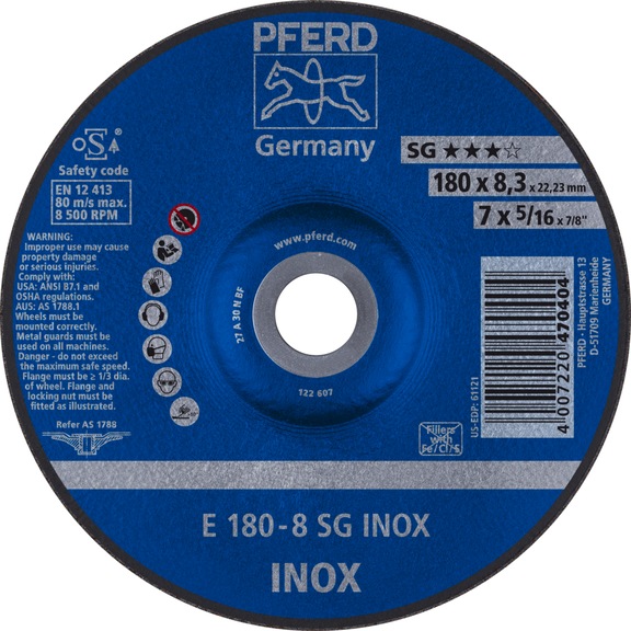 PFERD grinding disc E 180x8.3x22.23 mm performance line SG INOX for stainless steel - Rough grinding wheel
