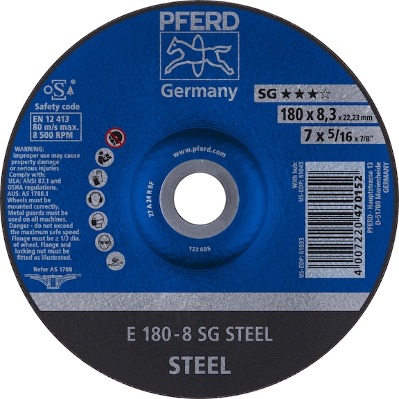 PFERD grinding disc E 180x8.3x22.23 mm performance line SG STEEL for steel - Rough grinding wheel