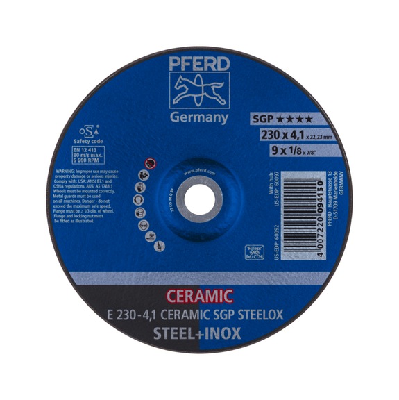 PFERD grinding disc E 230x4.1x22.23 mm CERAMIC performance line SG STEELOX steel - Rough grinding wheel