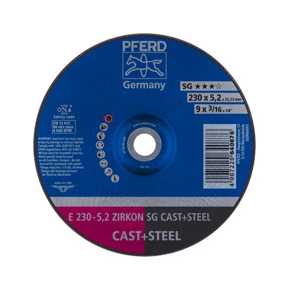 PFERD grinding disc E 230x5.2x22.23mm ZIRKON line SG CAST STEEL for cast steel - Rough grinding wheel