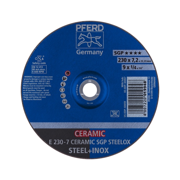 PFERD grinding disc E 230x7.2x22.23 mm CERAMIC performance line SG STEELOX steel - Rough grinding wheel