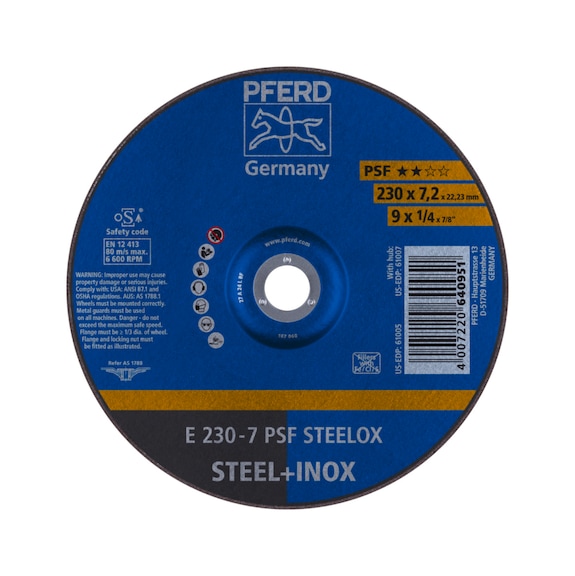 PFERD grinding disc E 230x7.2x22.23 mm universal line PSF STEELOX for steel - Rough grinding wheel