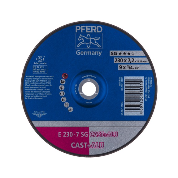 PFERD grinding disc E 230x7.2x22.23 mm performance line SG CAST ALU for cast iron/aluminum - Rough grinding wheel