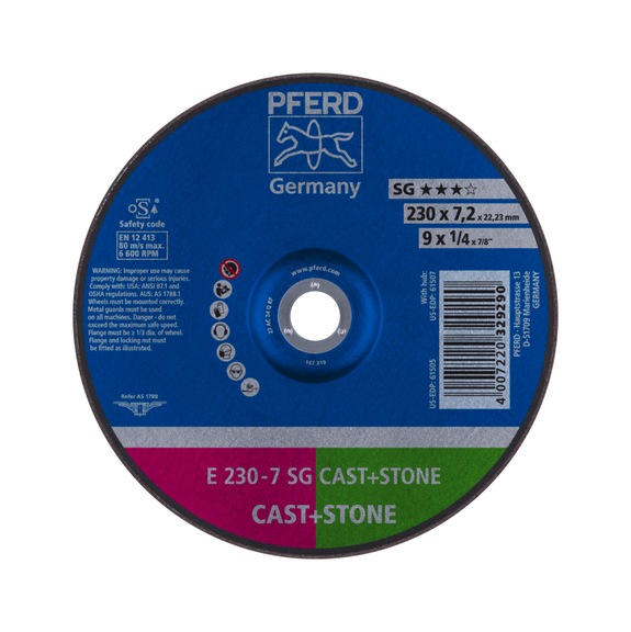 PFERD grinding disc E 230x7.2x22.23 mm performance line SG CAST STONE for cast iron - Rough grinding wheel