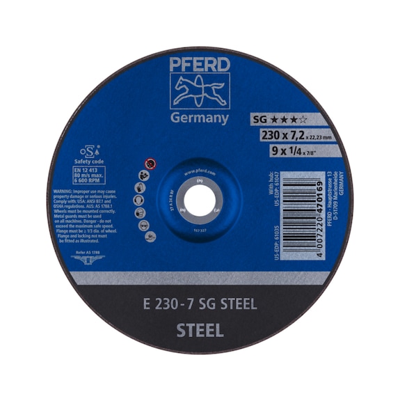 PFERD grinding disc E 230x7.2x22.23 mm performance line SG STEEL for steel - Rough grinding wheel