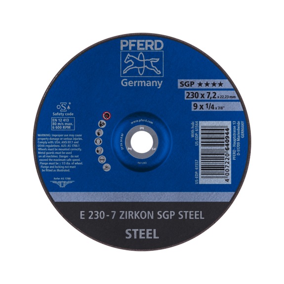 PFERD grinding disc E 230x7.2x22.23 mm ZIRKON special line SGP STEEL for steel - Rough grinding wheel