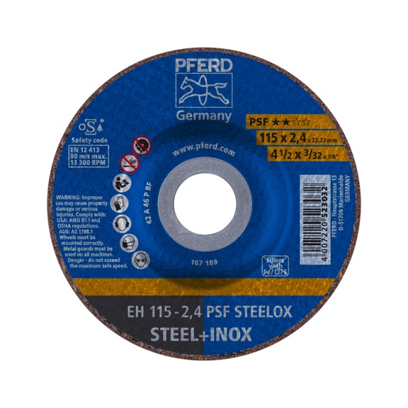 PFERD cut-off wheel EH 115x2.4x22.23 mm cranked universal line PSF STEELOX steel - Cut-off wheel