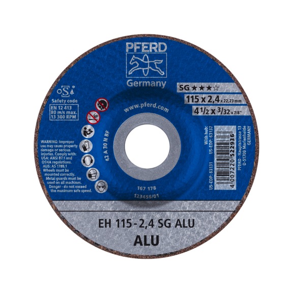 PFERD cut-off wheel EH 115x2.4x22.23 mm cranked performance line SG ALU for aluminum - Cut-off wheel
