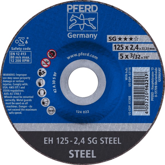 PFERD cut-off wheel EH 125x2.4x22.23 mm cranked performance line SG STEEL - Cut-off wheel