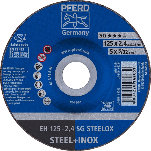 PFERD cut-off wheel EH 125x2.4x22.23 mm cranked performance line SG STEELOX steel - Cut-off wheel