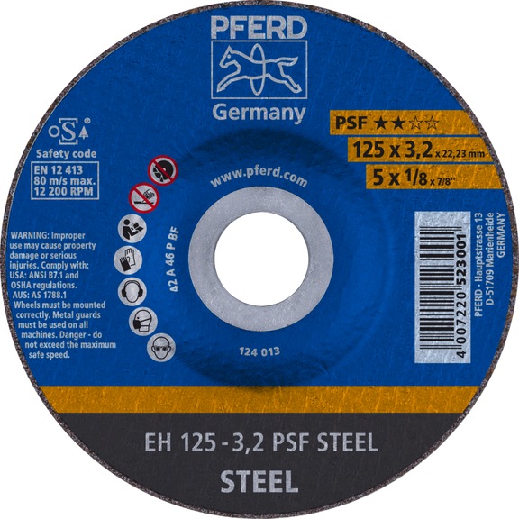 PFERD cut-off wheel EH 125x3.2x22.23 mm cranked universal line PSF STEEL - Rough grinding wheel