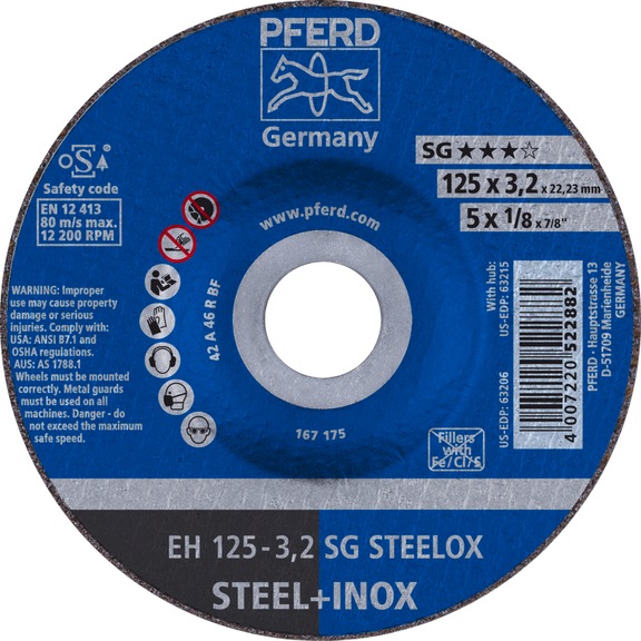 PFERD cut-off wheel EH 125x3.2x22.23 mm cranked performance line SG STEELOX steel - Cut-off wheel