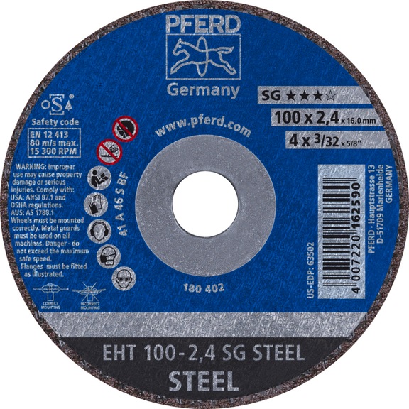 PFERD Trennscheibe EHT 100x2,4x16 mm gerade Leistungslinie SG STEEL für Stahl - Trennschleifscheibe