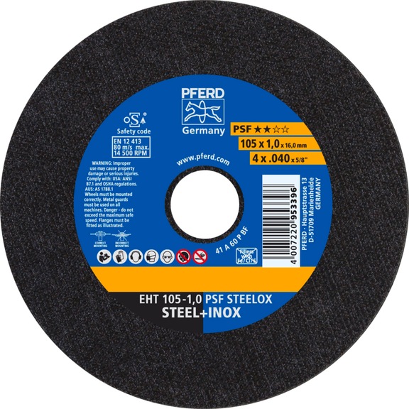 PFERD cut-off wheel EHT 105x1.0x16 mm straight universal line PSF STEELOX for steel - Cut-off wheel
