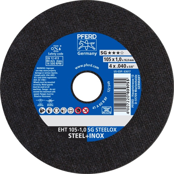 PFERD cut-off wheel EHT 105x1.0x16.0mm straight performance line SG STEELOX for steel - Cut-off wheel