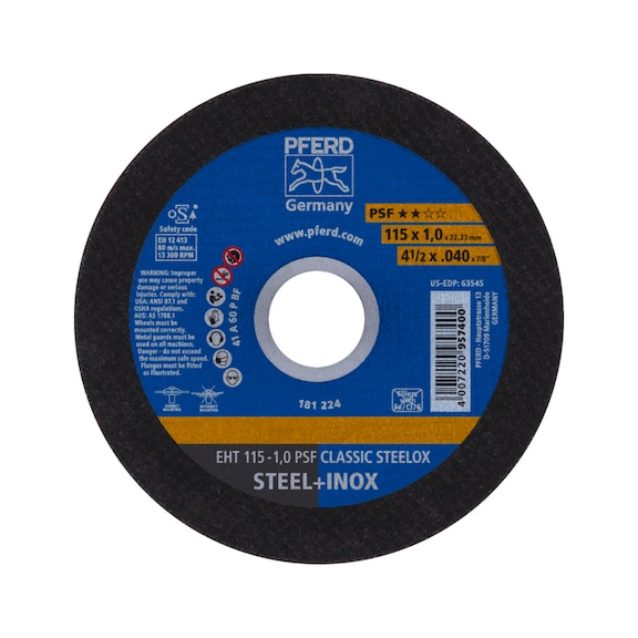 PFERD cut-off wheel EHT 115x1.0x22.23 mm straight line PSF CLASSIC STEELOX steel - Cut-off wheel