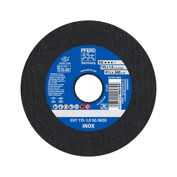 PFERD cut-off wheel EHT 115x1.0x22.23 mm straight performance line SG INOX stainless steel - Cut-off wheel