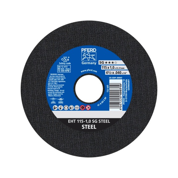 PFERD cut-off wheel EHT 115x1.0x22.23 mm straight performance line SG STEEL for steel - Cut-off wheel
