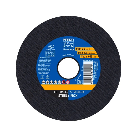 PFERD cut-off wheel EHT 115x1.6x22.23 mm straight universal line PSF STEELOX steel - Cut-off wheel