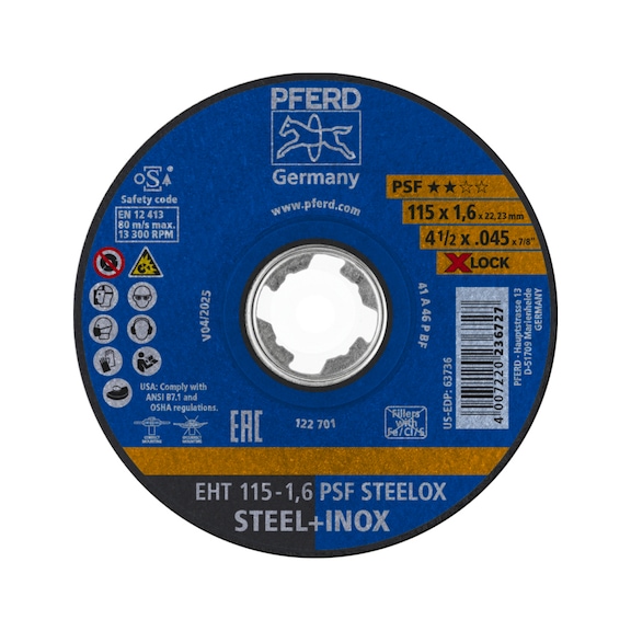 PFERD cut-off wheel EHT 115x1.6 mm X-LOCK straight universal line PSF STEELOX steel - Cut-off wheel