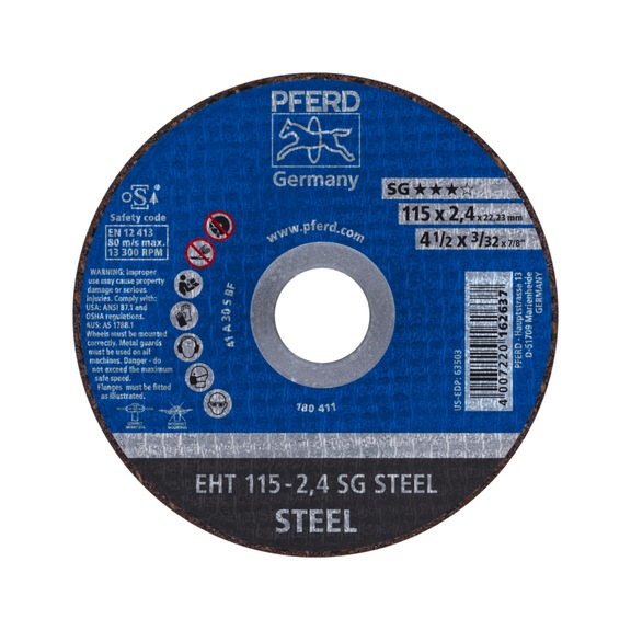 PFERD cut-off wheel EHT 115x2.4x22.23 mm straight performance line SG STEEL for steel - Cut-off wheel