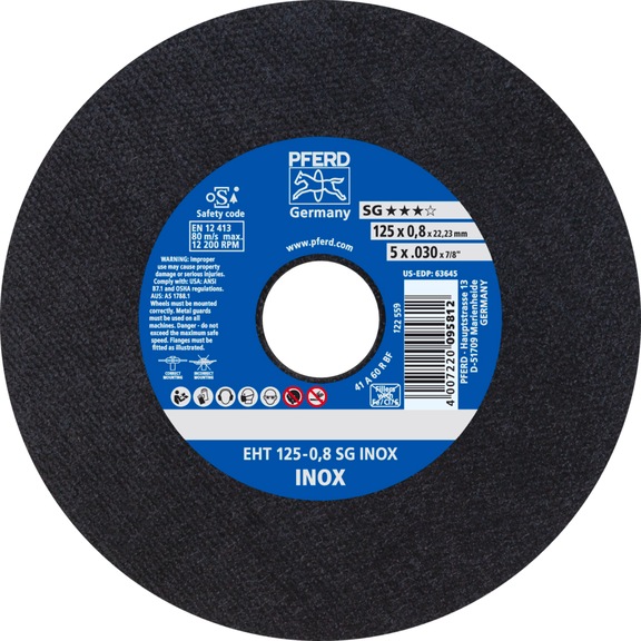 PFERD cut-off wheel EHT 125x0.8x22.23 mm straight performance line SG INOX stainless steel - Cut-off wheel