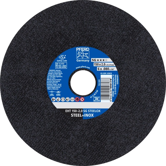 PFERD cut-off wheel EHT 150x2.0x22.23 mm straight performance line SG STEELOX steel - Cut-off wheel
